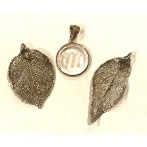 WHITNEY KELLY STERLING SILVER 925 "M" INITIAL CRYSTAL & 2 LEAF PENDANTS LOT EUC